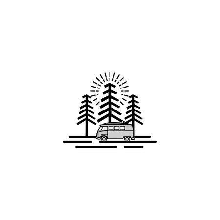 Travel with camper van. Adventure, vintage car, outdoor recreation, adventures in nature, vacation. vector illustration in flat design.のイラスト素材