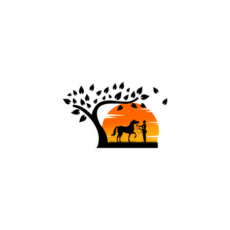 Silhouette of man and horse. man holding a horseのイラスト素材