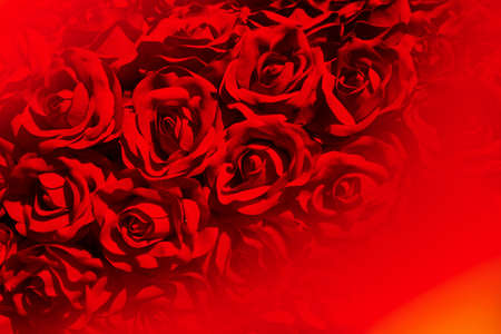 Artificial red roses, as flower texture. Plenty of red roses background for love. Backdrop of vivid...