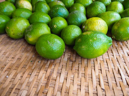 Organic lemons have a rugged green skin,on the bamboo baskets. Growing lemons for consumption in the household or selling a little if there is a lot of produce. In the north of Thailand. の写真素材