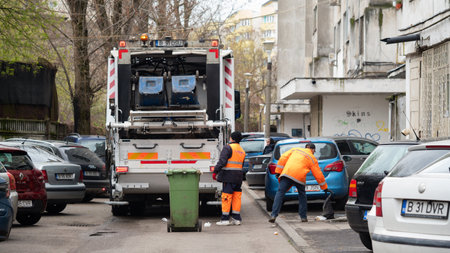 BUCHAREST, ROMANIA - May 15, 2021: White Garbage truck used for Collection of waste or garbage, Two workers loading mixed domestic waste in waste collection truckのeditorial素材