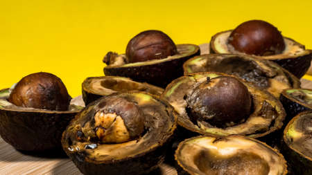 Contaminated tropical fruits. Bad Avocado Half Close up on Yellow background. Bad Vegan food. Rotten Avocado on wood Chipper. Copy space Necomestibile Food. Stop wasting food. Overripe Fruits Concept.の写真素材
