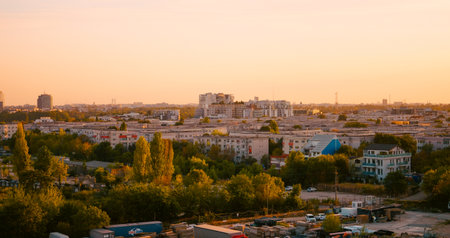 Cityscape skyline view from balcony in the evening. City landscape shot at twilight.の写真素材