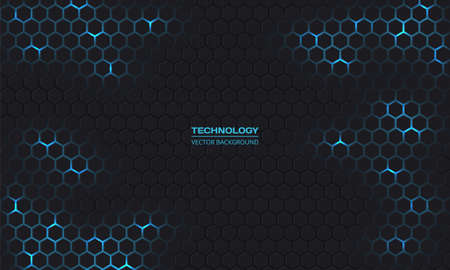 Dark technology hexagonal vector background. Abstract blue bright energy flashes under hexagon in...