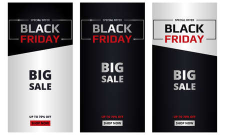 Black friday, banners collection. Black friday dark and silver vertical banners set. Big sale, special offer, up to 70% off.のイラスト素材
