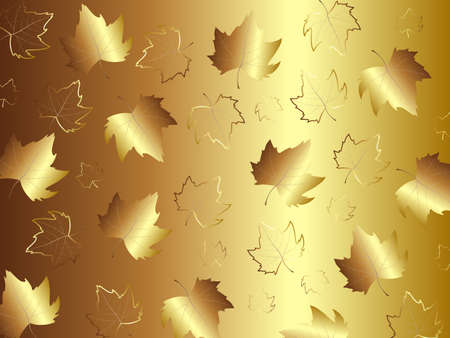 Realistic maple leaves of gold color on a gold background. Autumn foliage pattern. Golden fall maple leaves pattern. Vector illustration.のイラスト素材