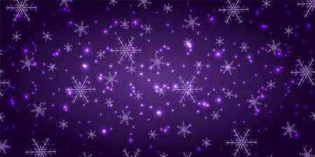 Snowfall on a violet background. Winter snowflakes trendy vector background. Shining snow New Year backdrop. Card or banner with flakes scatter. Freezing cold symbols. Vector illustration.のイラスト素材