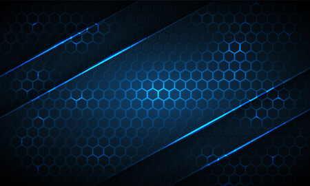 Dark blue hexagonal technology abstract background with neon stripes. Light blue bright energy...