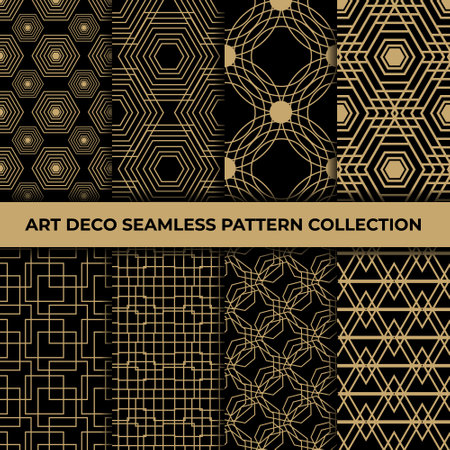Art deco seamless pattern collection. Luxury elegance abstract patterns set. Retro style golden seamless textures on a black background.のイラスト素材