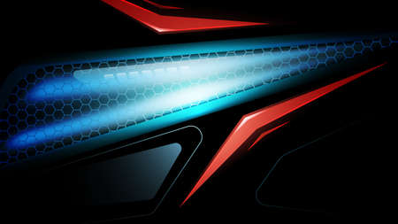 Dark abstract lighting technology vector background. Black abstract banner with hexagon carbon fiber grid and blue light. Futuristic tech gaming background. Ratio full hd, vector illustration.のイラスト素材