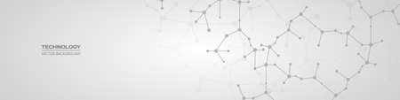 Abstract molecules on soft grey wide horizontal banner. Medical design, scientific and technological concept. Molecular structures or dna strand with plexus background and space for your text.のイラスト素材