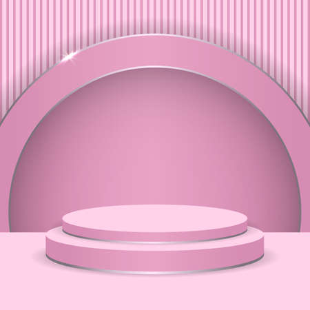 Abstract scene round display for product. 3d podium in pink background with pink and silver circles. Abstract stage luxury pedestal or platform. 3d vector illustration.のイラスト素材