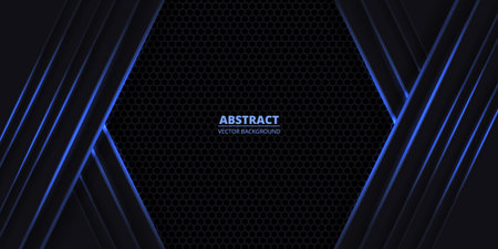 Dark abstract vector background with black hexagon carbon fiber. Futuristic background with blue luminous neon lines. Gaming sporty modern backdrop.のイラスト素材