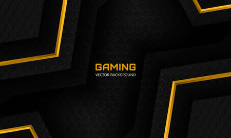 Abstract modern black and yellow angles gaming background. Dark abstract banner with hexagon carbon fiber grid, yellow arrows and black triangles. Futuristic modern sporty game vector illustration.のイラスト素材