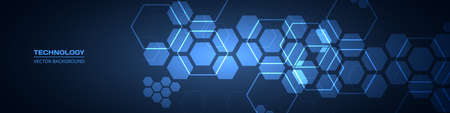 Dark blue technology abstract wide background with hexagonal elements. Abstract hexagon medical navy...