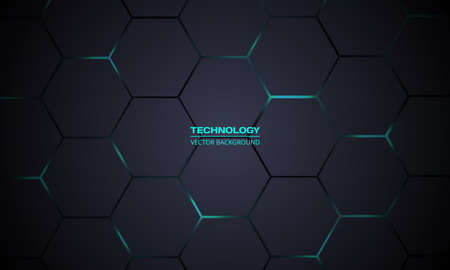 Dark gray hexagonal technology vector abstract background. Turquoise bright energy flashes under...