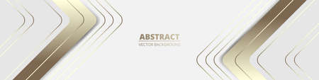 White wide luxury abstract background with golden lines and shadows, arrows and angles. Modern light wide banner with golden luminous lines. Sporty bright futuristic horizontal abstract background.のイラスト素材