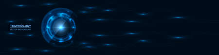 Abstract technology HUD GUI UI with glowing blue circuit lines pattern. Dark Innovation digital hi tech concept background with circuit board. Engineering electronic motherboard. Dark blue wide bannerのイラスト素材