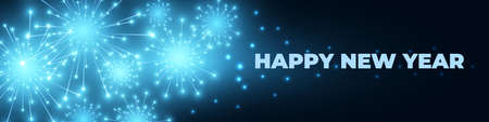 2022 New year festive wide background with fireworks and sparkle celebration lights. Merry christmas and happy new year 2022 realistic firework. Abstract festive xmas background. Vector illustrationのイラスト素材