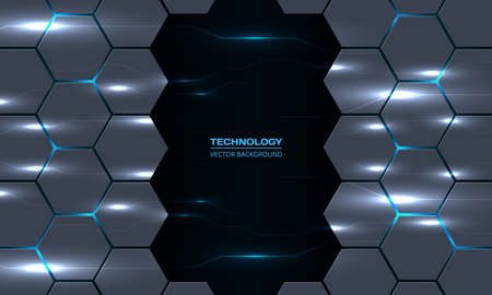 Abstract technology hexagon background with circuit electric lightning lines. Dark gray hexagonal tech vector abstract vector background. Blue bright energy flashes under honeycomb texture grid.のイラスト素材