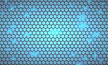Light blue hexagonal technology abstract vector background with blue neon colored bright flashes under hexagon. Blue hexagonal energy gaming vector abstract honeycomb background.のイラスト素材