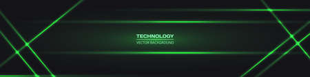 Black wide abstract tech horizontal vector background with green neon lines. Technology banner with green luminous lines. Futuristic technological modern background.のイラスト素材