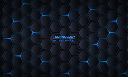 Dark gray hexagonal technology vector abstract background. Blue bright energy flashes under hexagon...