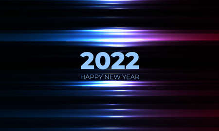 Happy new 2022 year black background with blue and pink glowing light lines. New year design...