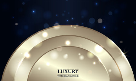 Abstract dark blue luxury background with golden circle and bokeh festive lights effect. Geometric luxury festive abstract background. Vector illustrationのイラスト素材