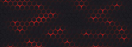 Dark wide hexagon abstract technology futuristic background with red bright energy flashes. Dark honeycomb texture grid. Vector illustrationのイラスト素材