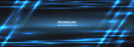 Dark wide abstract technology banner with blue neon lines. Technology banner with blue luminous lines. Futuristic technological modern background.のイラスト素材