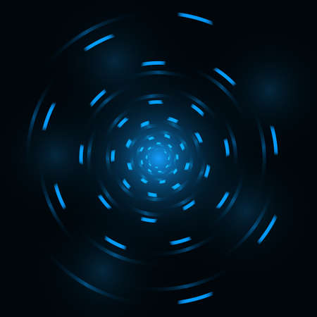 Blue abstract spiral circle neon lines on black background. Abstract helix round blue shape geometric backdrop. Vector illustrationのイラスト素材