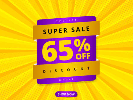 Colorful sale banner discount 65 percent off. Yellow abstract background with super sale 65 percent off offer message. Advertising discount banner. Hot offer coupon. Vector illustrationのイラスト素材