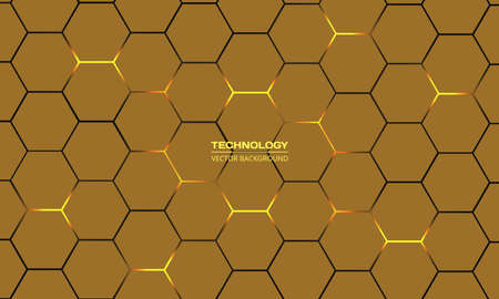 Dark yellow hexagonal technology vector abstract background. Yellow bright energy flashes under hexagon in modern technology futuristic background vector illustration. Vector honeycomb texture grid.のイラスト素材