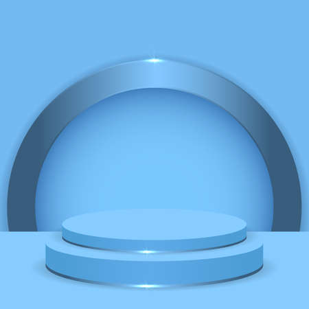 Light blue 3d realistic podium in blue background with metallic blue arch. Three-dimensional stage pedestal or platform. Abstract round display scene for product advertising. 3d vector illustration.のイラスト素材