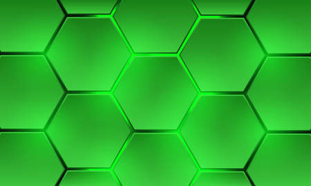 Green 3d hexagonal technology vector abstract background. Green bright energy flashes under hexagon...