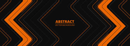 Black abstract wide horizontal banner with orange and gray lines, arrows and angles. Dark modern sporty bright futuristic horizontal abstract background. Wide vector illustration.のイラスト素材