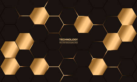 Luxury dark and gold hexagonal vector abstract background with golden hexagon. Elegant luxurious technology background with gold and dark honeycomb. vector illustration.のイラスト素材