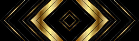 Abstract black and gold wide luxury background with golden triangles and 3d arrows. Vector...