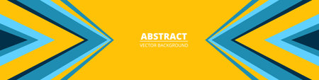 Yellow abstract wide horizontal banner with blue lines and arrow shapes. Modern sporty bright futuristic horizontal abstract background. Wide vector illustration.のイラスト素材