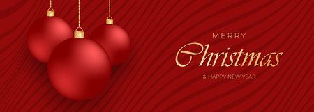 Red festive christmas background with red xmas hanging balls. Vector illustrationのイラスト素材