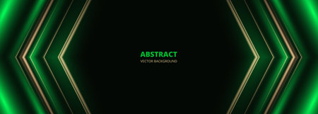Green and gold wide luxury abstract background with 3d arrow shapes effects. Luxury elegant abstract banner with frame border. Vector illustrationのイラスト素材
