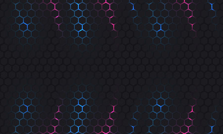 Dark hexagon abstract technology background with blue and pink colored bright flashes under hexagon. Vector hexagonal gaming abstract tech background.のイラスト素材