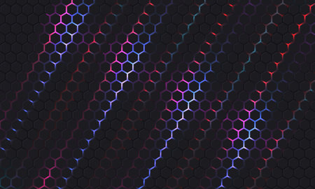 Dark hexagonal technology vector abstract background. Blue, pink and red bright energy flashes under hexagon in modern technology futuristic background vector illustration. Dark honeycomb texture.のイラスト素材