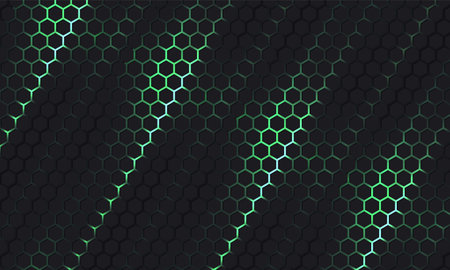 Dark hexagonal technology vector abstract background. Green bright energy flashes under hexagon in futuristic illustration modern technology background. Dark honeycomb texture grid.のイラスト素材
