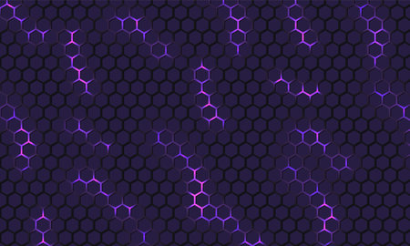 Dark purple technology hexagonal vector background. Pink bright energy flashes under hexagon in dark technology modern futuristic background vector illustration. Dark violet honeycomb texture grid.のイラスト素材