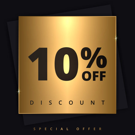 10 off discount banner. Special offer sale 10 percent off. Sale discount offer. Luxury promotion banner ten percent discount in golden square and black background. Vector illustrationのイラスト素材