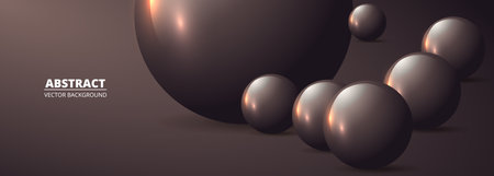 Realistic vector 3d spheres and balls on a wide brown background. Abstract geometric modern banner...