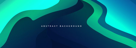 Blue and turquoise green abstract wide banner background with 3D dynamic wave shapes. Vector illustrationのイラスト素材
