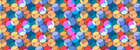 Bright futuristic abstract geometric background with colored circles and spheres. Vector illustration horizontal wide banner.のイラスト素材